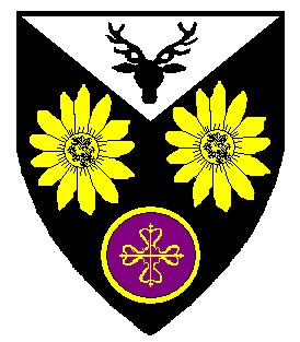 Arms of Angus of Blackmoor; Sable, in fess two sunflowers Or, on a chief triangular argent a stag's head cabossed sable, and for augmentation in base on a golpe a cross of Calatrava within a bordure Or.