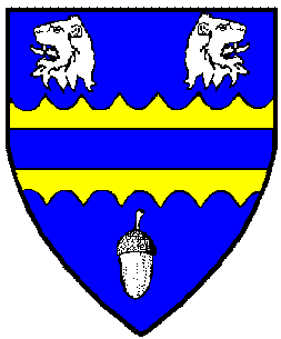 Azure, on a fess engrailed Or between two lions' heads erased addorsed and an acorn argent, a bar azure