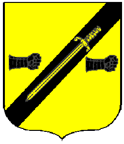 Arms of Brom Blackhand; Or, on a bend sinister between two sinister gauntlets fesswise reversed fists clenched sable a sword inverted Or.