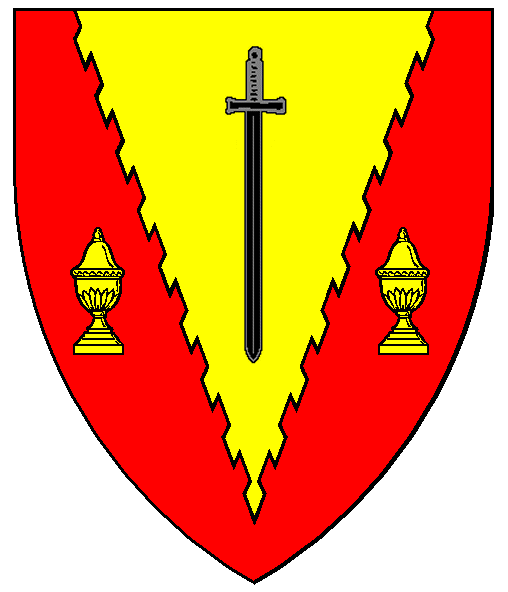 Device of Conn MacNeill; Gules, on a pile raguly, between two cups Or, a sword inverted sable.
