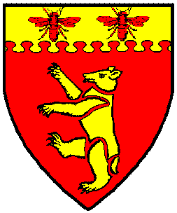Arms of Dolan Madoc; Gules, a bear rampant dismembered and on a chief nebuly Or, two bees gules
