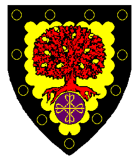 Arms of Erich Hlodowechssun fon Hocheichhallu; Or, an oak tree eradicated gules fructed Or within a bordure engrailed sable semy of annulets Or, and for augmentation, in base on a golpe a cross of Calatrava Or
