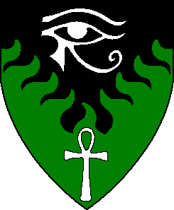 Arms of Mkty Nakhthor; Per chevron inverted rayonny sable and vert, an Eye of Horus and an ankh argent.
