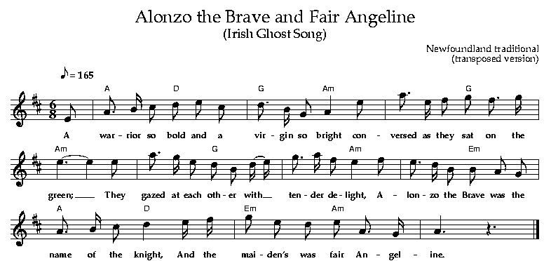 Alonzo the Brave and Fair Angeline (transposed), Newfoundland traditional
