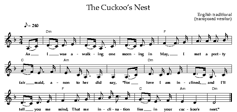 The Cuckoo's Nest (transposed), English traditional