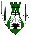 Per chevron argent and vert, a tower counterchanged between in fess two swords vert.
