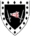 
Sable, a bear's head erased argent muzzled gules between two swords in pile argent within a bordure argent semy of lozenges sable.