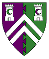 Per pale dovetailed purpure and vert, two chevronels and in chief two towers argent charged with a decrescent vert and a decrescent purpure.
